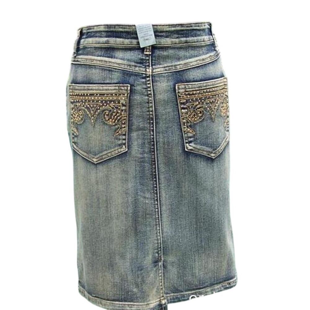 Cache Denim Metallic Rhinestone Crown Skirt New Stretch 5 Pocket Design $138 NWT